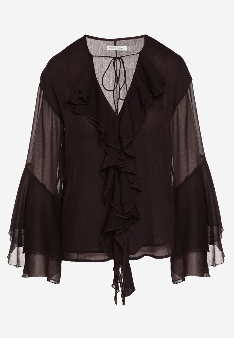 Brązowa Rustykalna Bluzka Zdobiona Falbankami i Wiązaniem przy Dekolcie Nerianna