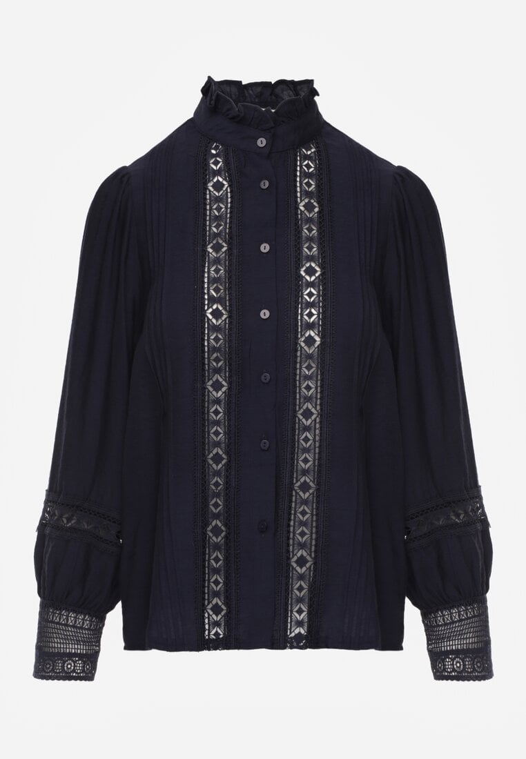 Granatowa Koszula ze Stójką i Koronką Phaeninca