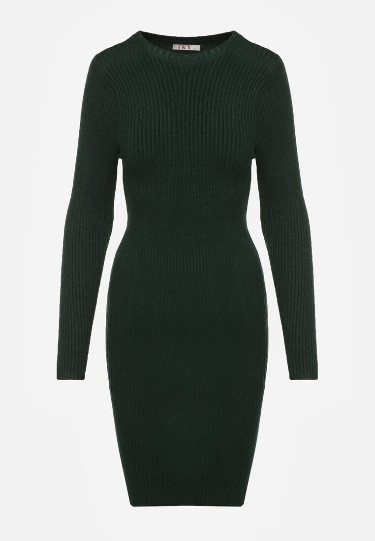 Ciemnozielona Prążkowana Sukienka z Dzianiny z Bawełną o Dopasowanym Kroju Tesoria