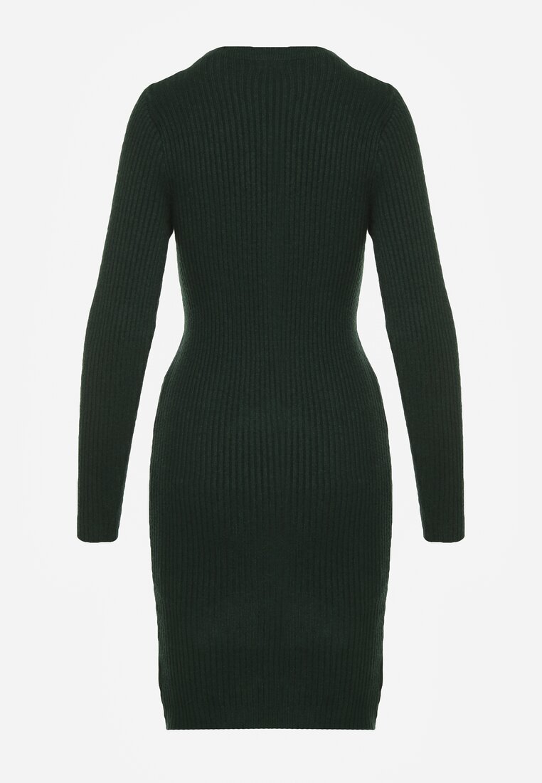 Ciemnozielona Prążkowana Sukienka z Dzianiny z Bawełną o Dopasowanym Kroju Tesoria