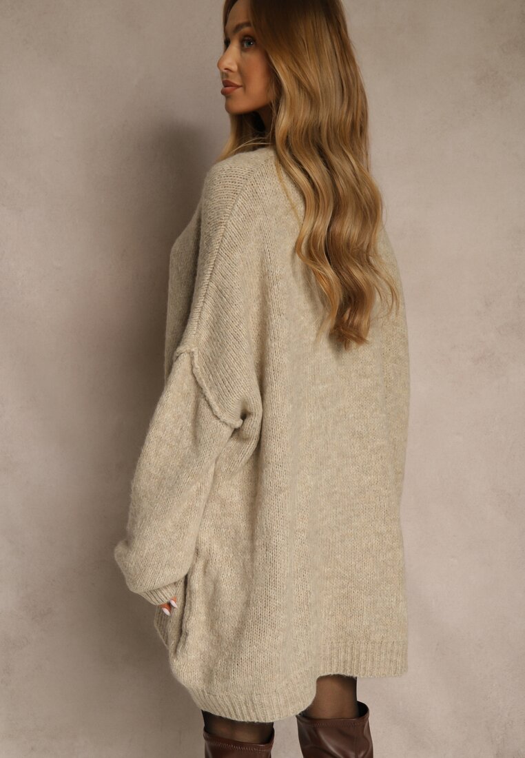 Beżowy Sweter Oversize z Wełną i Wiskozą Fedolina