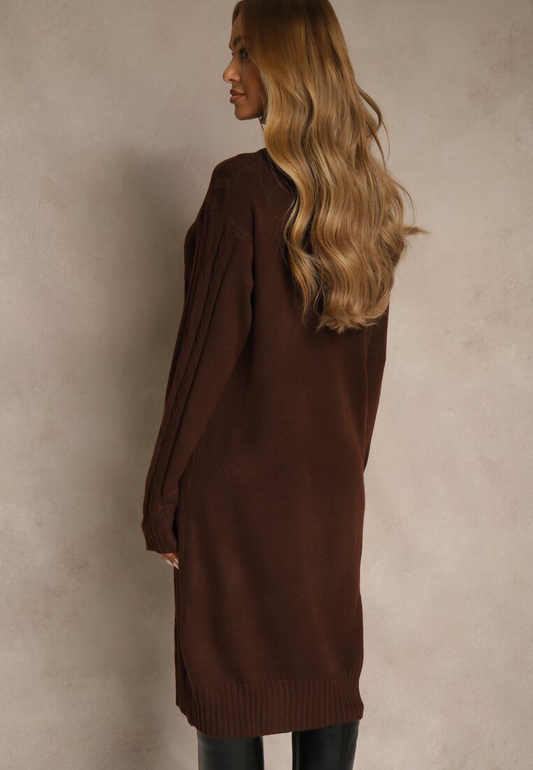 Brązowa Sukienka Sweterkowa z Golfem Wełną  Bawełną i Ozdobnym Splotem Reilenea