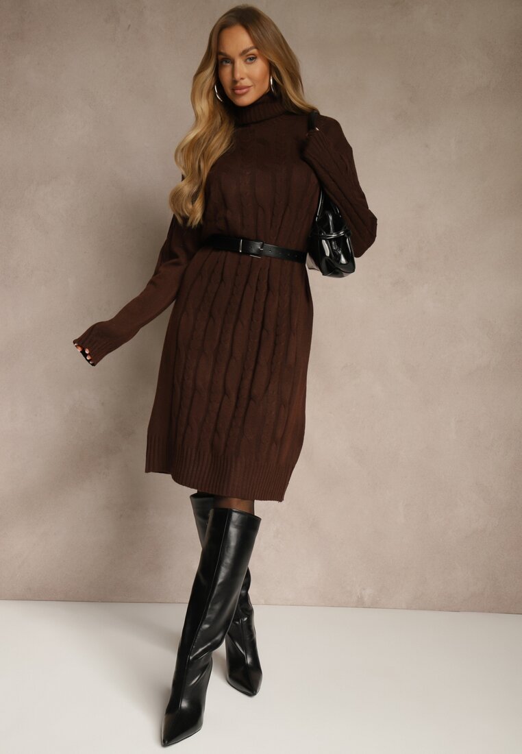 Brązowa Sukienka Sweterkowa z Golfem Wełną  Bawełną i Ozdobnym Splotem Reilenea