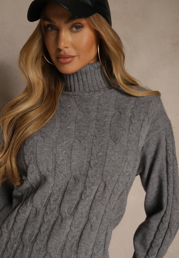 Szara Sukienka Sweterkowa z Golfem Wełną  Bawełną i Ozdobnym Splotem Reilenea