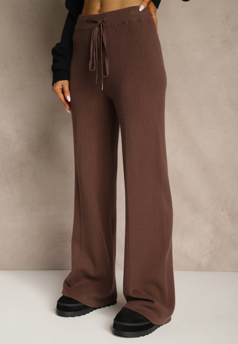 Brązowe Spodnie Wide Leg High Waist z Dodatkiem Kaszmiru Nevalla