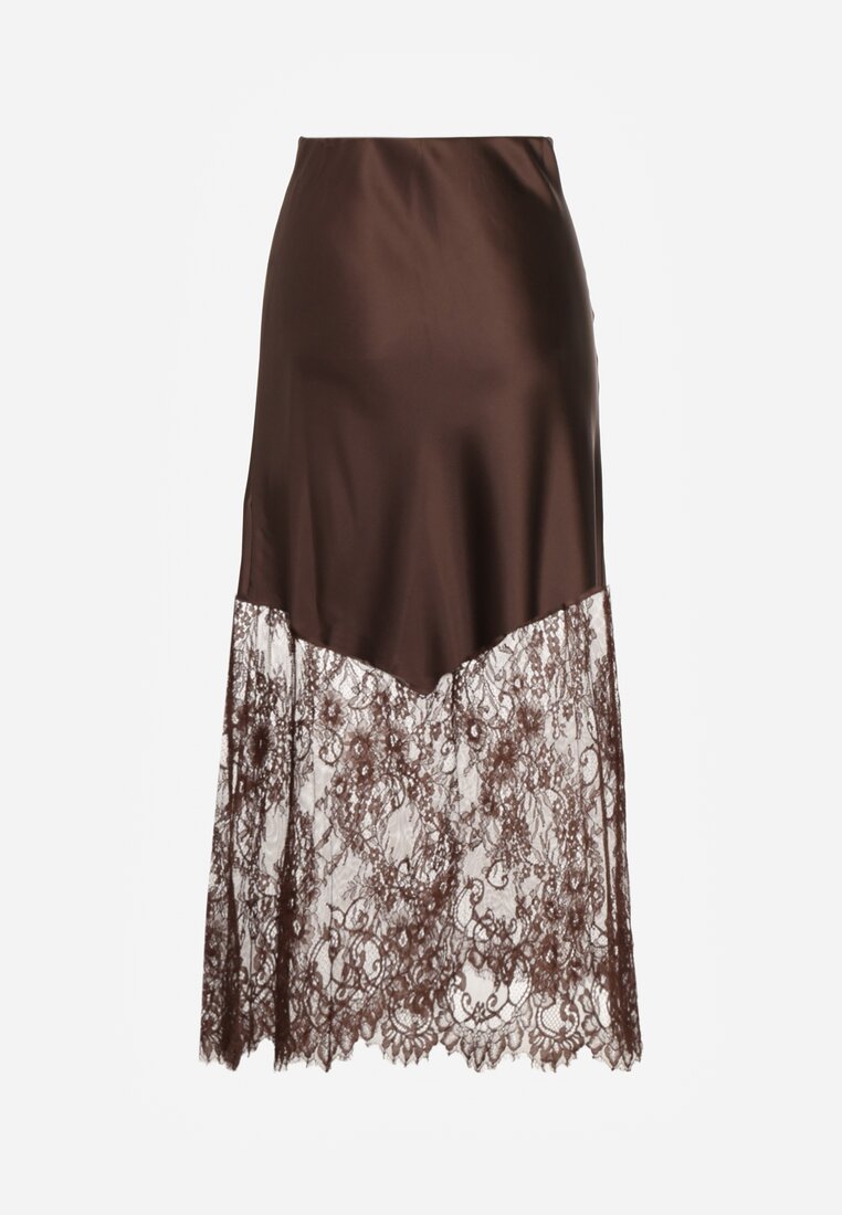 Brązowa Koktajlowa Spódnica z Satyny z Koronką Avelori
