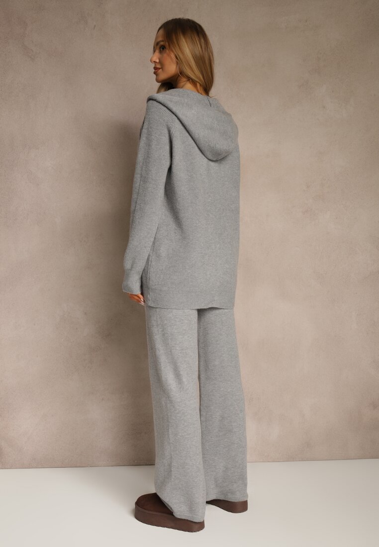 Ciemnoszary Komplet z Wełną i Bawełną Rozpinana Bluza z Kapturem i Szerokie Spodnie Reisema