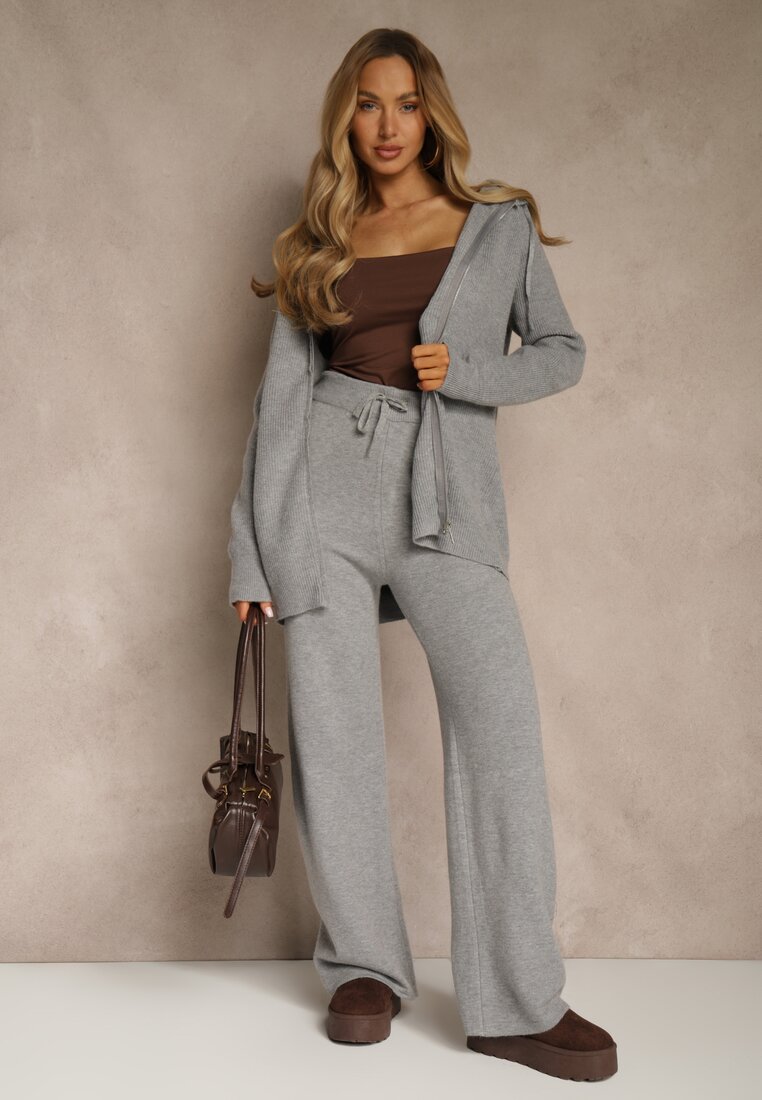 Ciemnoszary Komplet z Wełną i Bawełną Rozpinana Bluza z Kapturem i Szerokie Spodnie Reisema