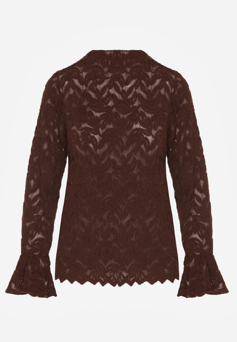 Brązowa Bluzka z Koronki ze Stójką i Falbankami przy Rękawach Nemira