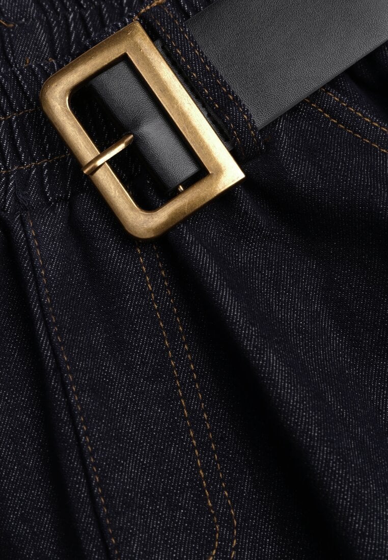 Granatowa Rozkloszowana Spódnica Jeansowa Midi z Paskiem Wendlla