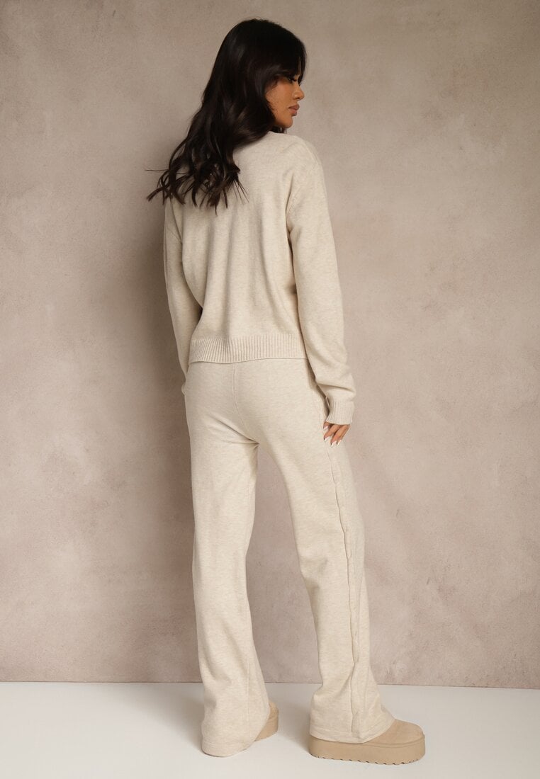 Jasnobeżowy Dzianinowy Komplet z Wełną Spodnie Wide Leg i Sweter Cropped Nezera
