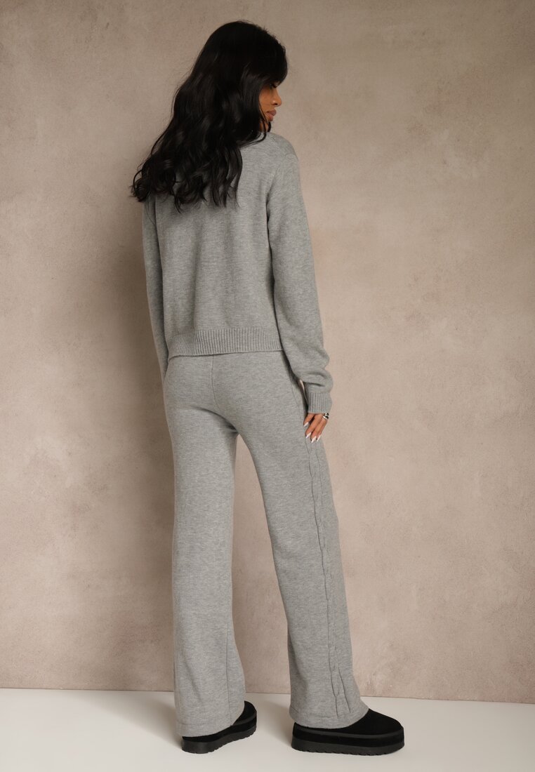Szary Dzianinowy Komplet z Wełną Spodnie Wide Leg i Sweter Cropped Nezera