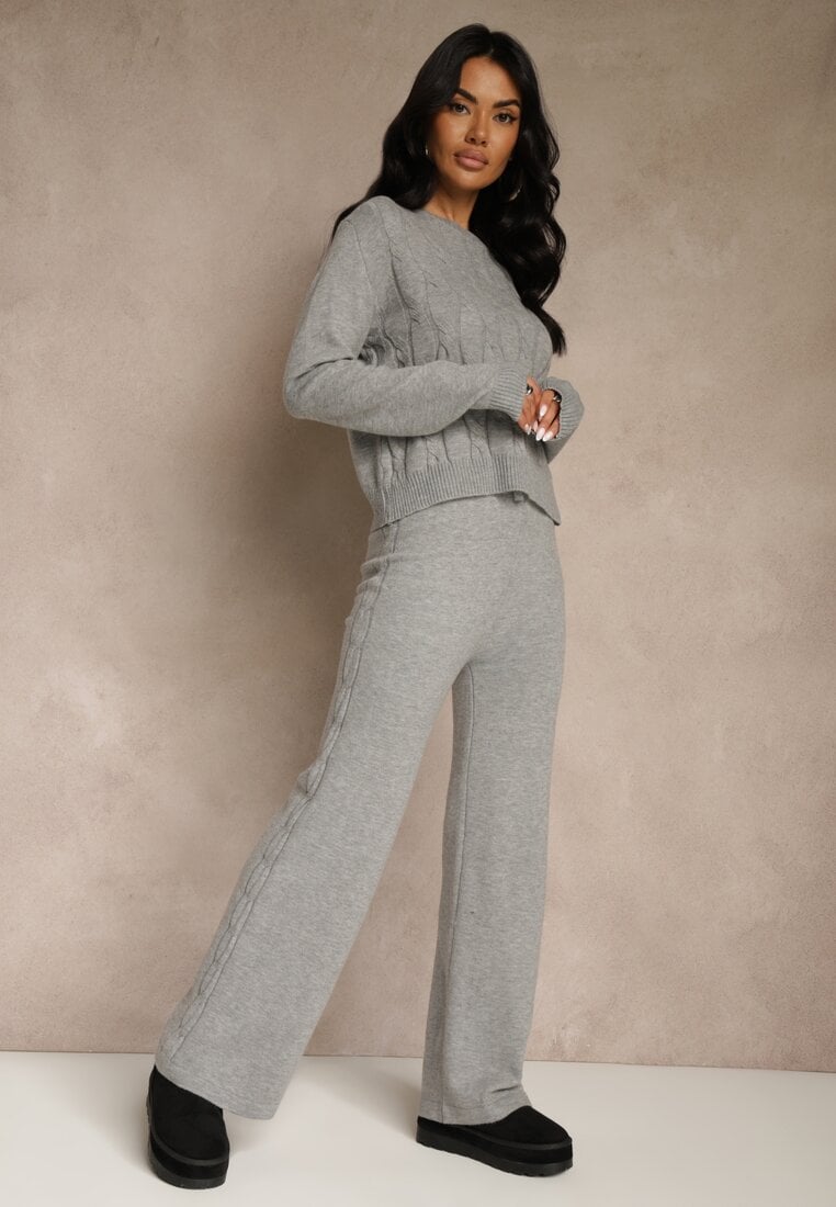 Szary Dzianinowy Komplet z Wełną Spodnie Wide Leg i Sweter Cropped Nezera