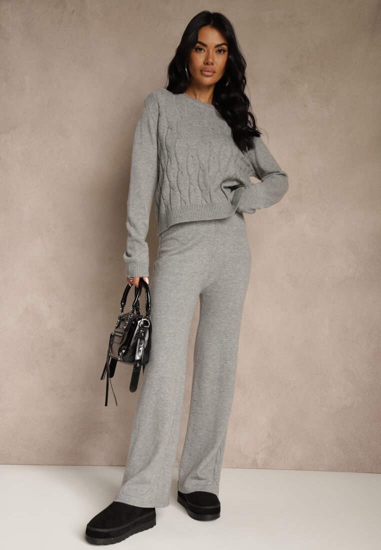 Szary Dzianinowy Komplet z Wełną Spodnie Wide Leg i Sweter Cropped Nezera