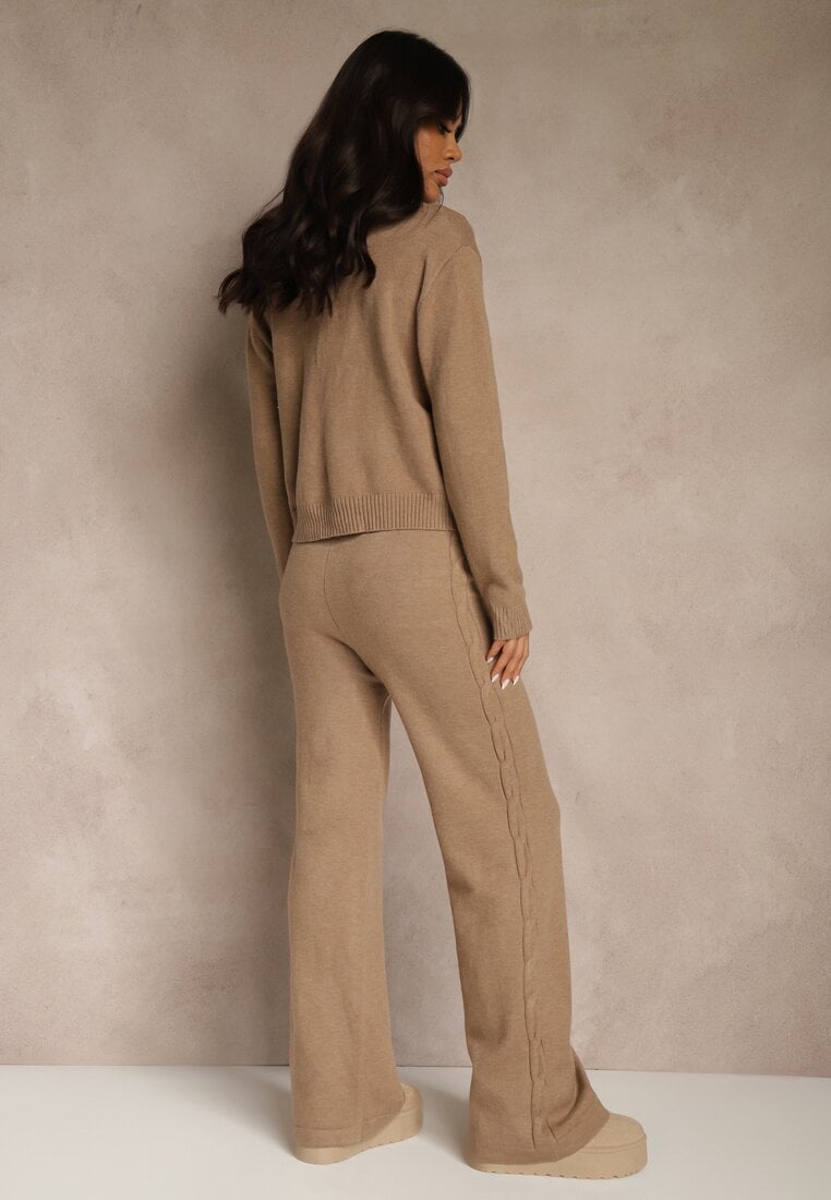 Ciemnobeżowy Dzianinowy Komplet z Wełną Spodnie Wide Leg i Sweter Cropped Nezera