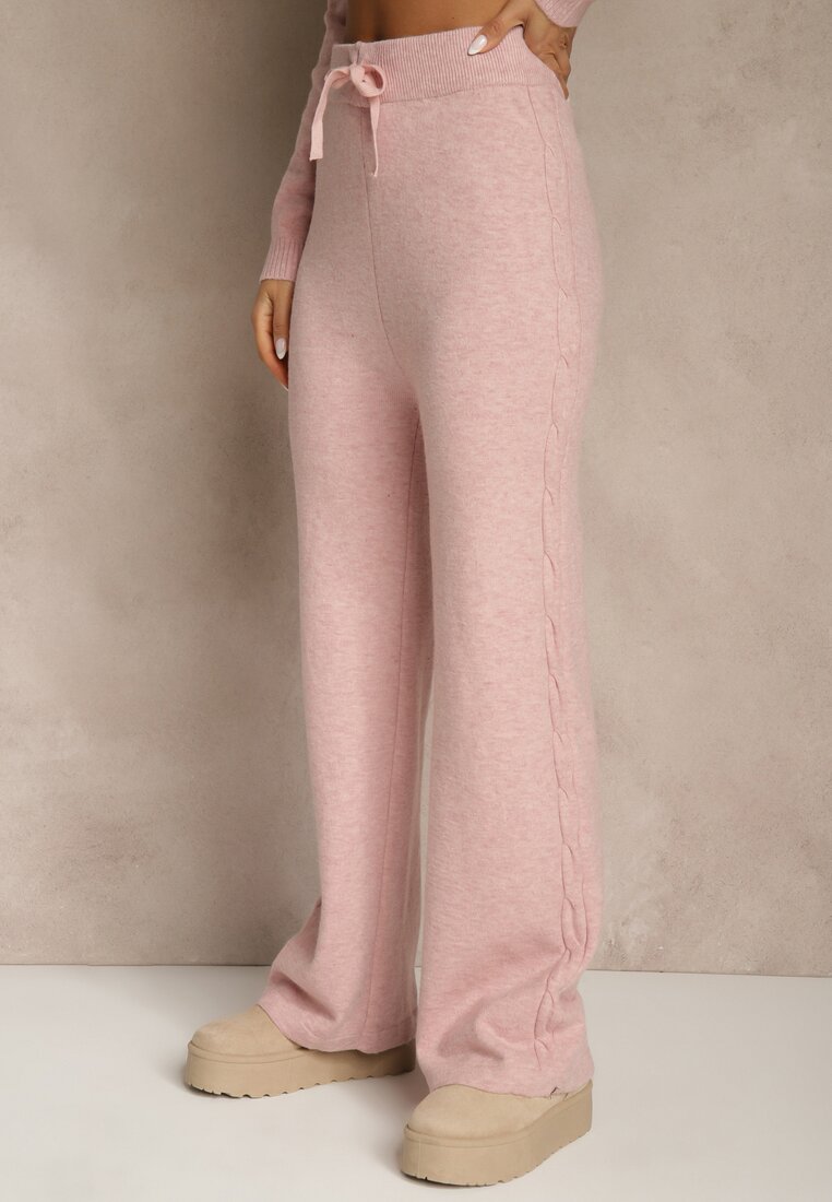Jasnoróżowy Dzianinowy Komplet z Wełną Spodnie Wide Leg i Sweter Cropped Nezera