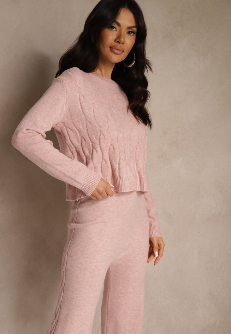 Jasnoróżowy Dzianinowy Komplet z Wełną Spodnie Wide Leg i Sweter Cropped Nezera