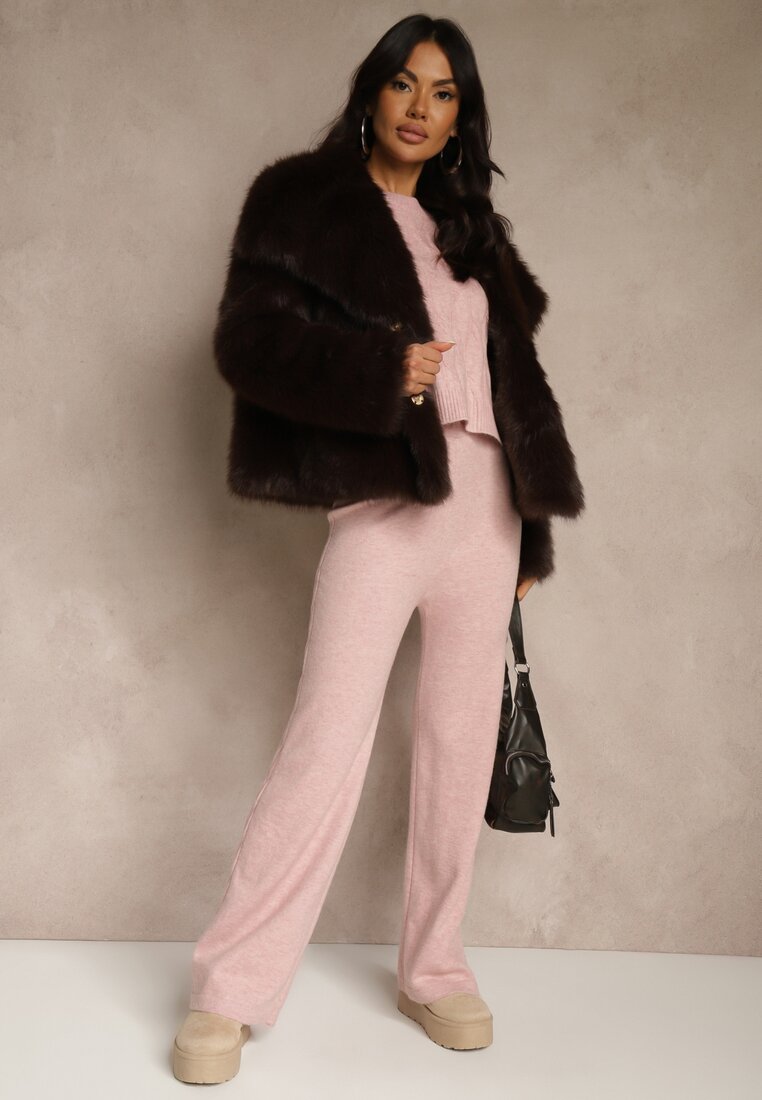 Jasnoróżowy Dzianinowy Komplet z Wełną Spodnie Wide Leg i Sweter Cropped Nezera