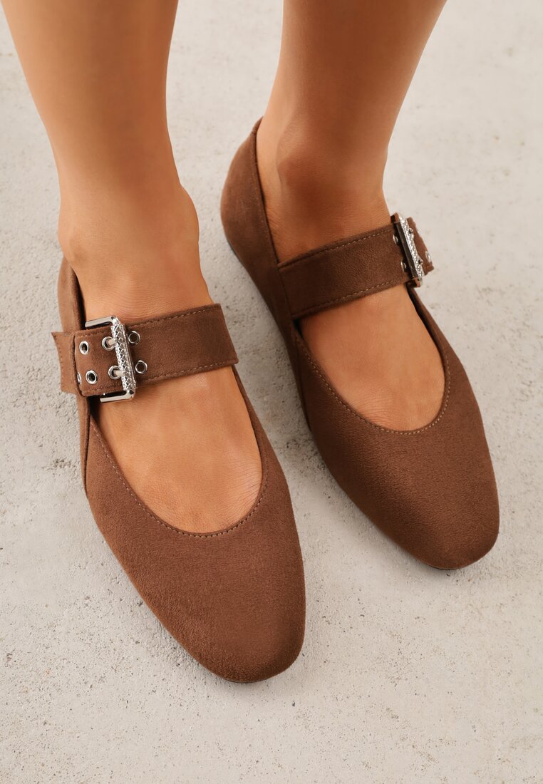 Brązowe Balerinki Vices w Krowie Łaty w Stylu Mary Jane ze Skórzaną Wkładką Rilaneia