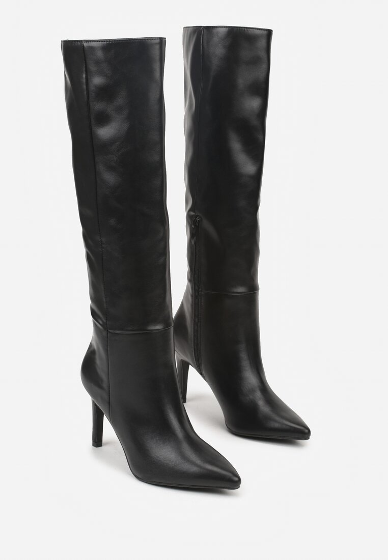 Czarne Marszczone Kozaki na Szpilce Monitania