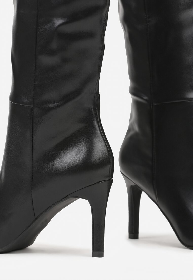 Czarne Marszczone Kozaki na Szpilce Monitania