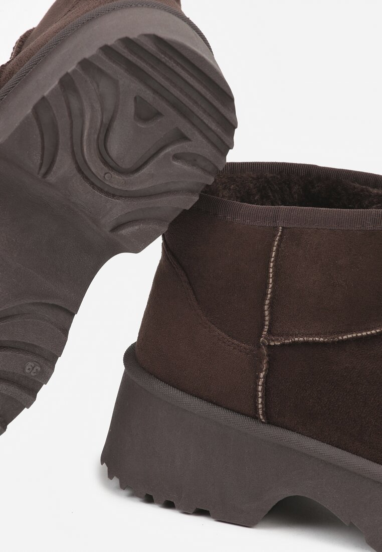 Ciemnobrązowe Śniegowce z Imitacji Zamszu o Wsuwanym Fasonie na Platformie Reilessa