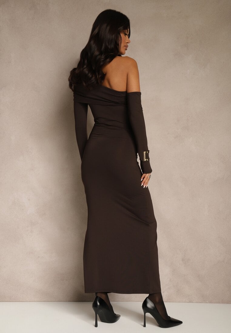 Brązowa Sukienka z Wiskozą Aplikacją Marszczeniem i Wywiniętym Dekoltem Reilenna