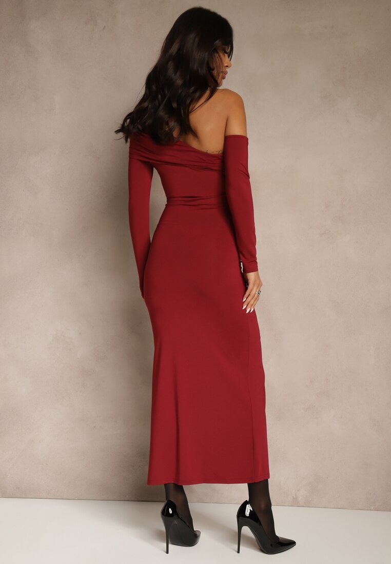 Bordowa Sukienka z Wiskozą Aplikacją Marszczeniem i Wywiniętym Dekoltem Reilenna