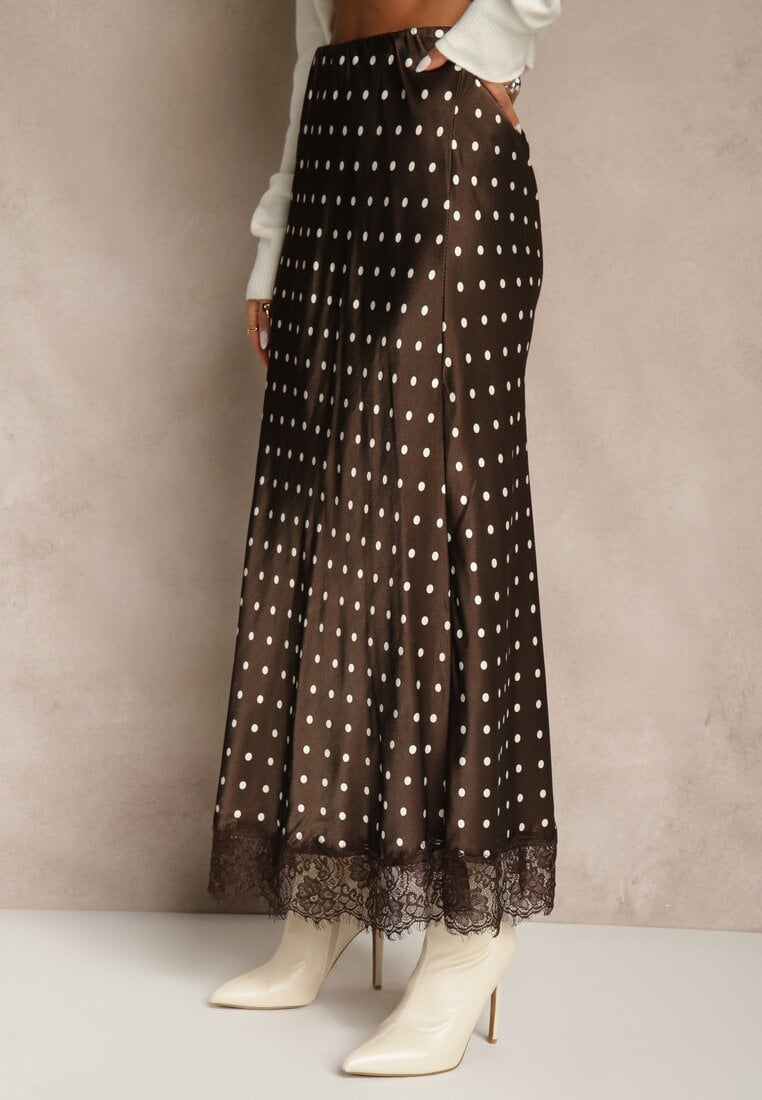Brązowa Spódnica z Wiskozy High Waist Ozdobiona Kropkami i Koronką Monivia