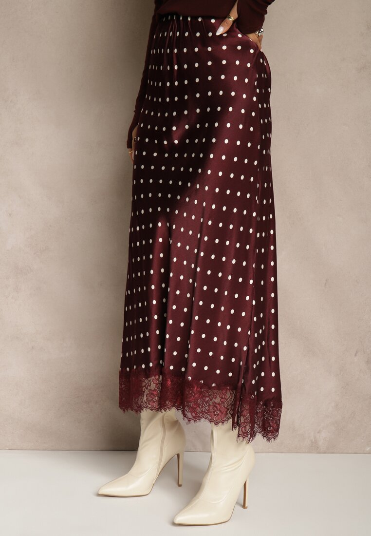 Bordowa Spódnica z Wiskozy High Waist Ozdobiona Kropkami i Koronką Monivia