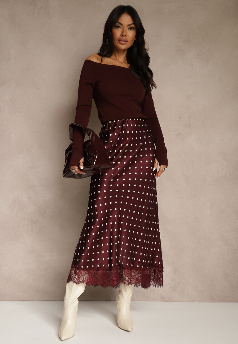 Bordowa Spódnica z Wiskozy High Waist Ozdobiona Kropkami i Koronką Monivia