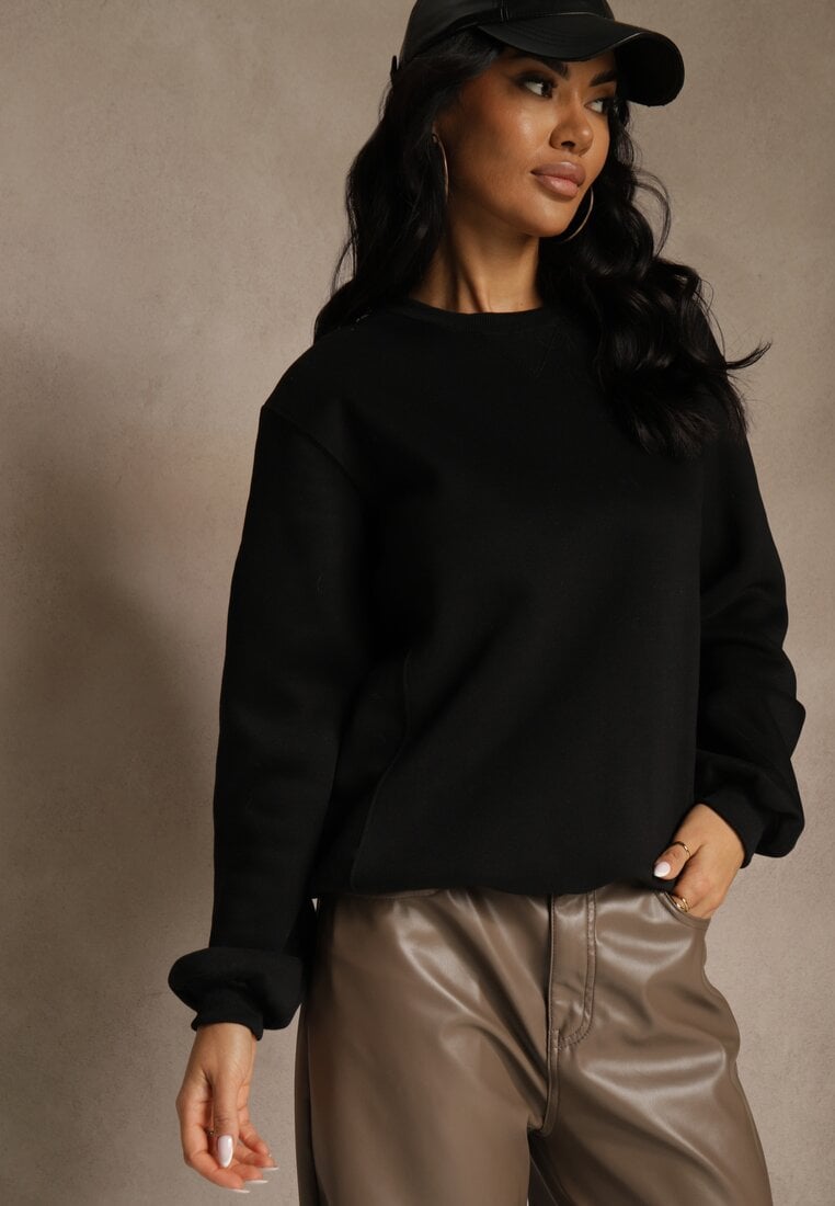 Czarna Bluza z Bawełną i Przeszyciami przy Dekolcie Fezanna