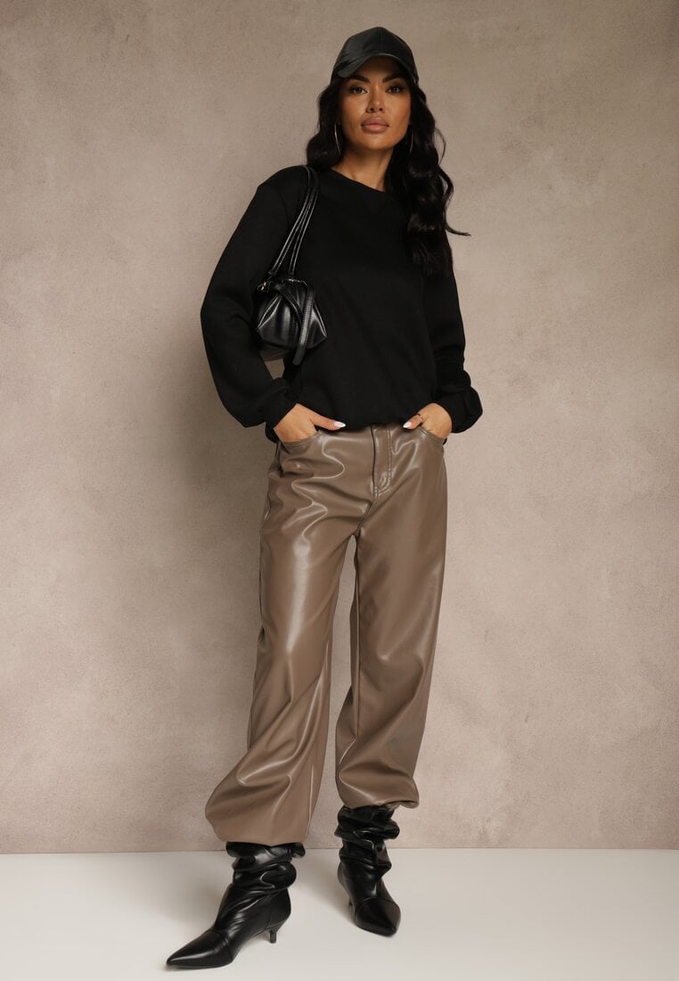 Czarna Bluza z Bawełną i Przeszyciami przy Dekolcie Fezanna