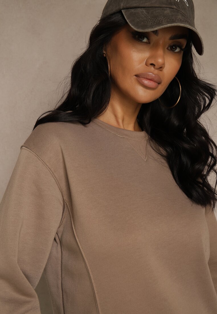 Ciemnobeżowa Bluza z Bawełną i Przeszyciami przy Dekolcie Fezanna