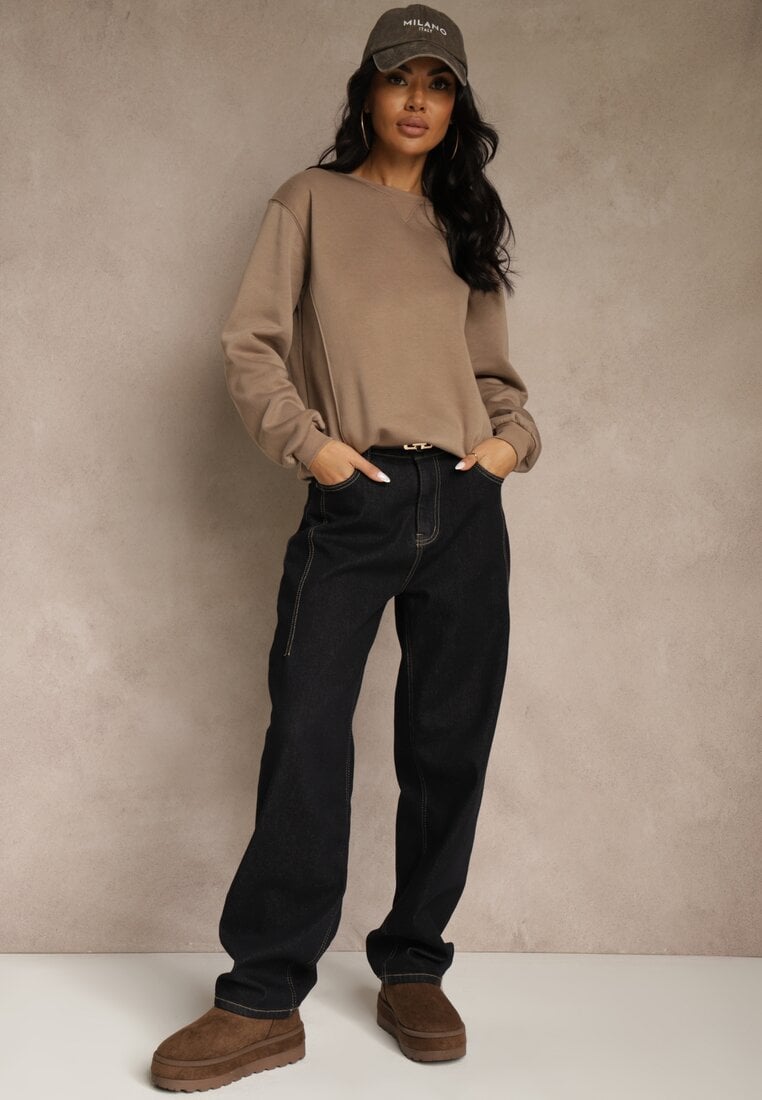 Ciemnobeżowa Bluza z Bawełną i Przeszyciami przy Dekolcie Fezanna