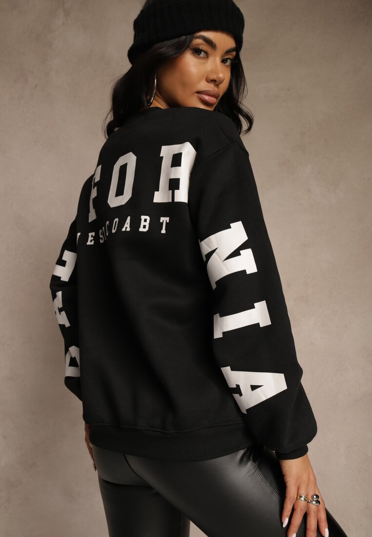 Czarna Bluza Ocieplana z Bawełną Ozdobiona Napisem Fezurra