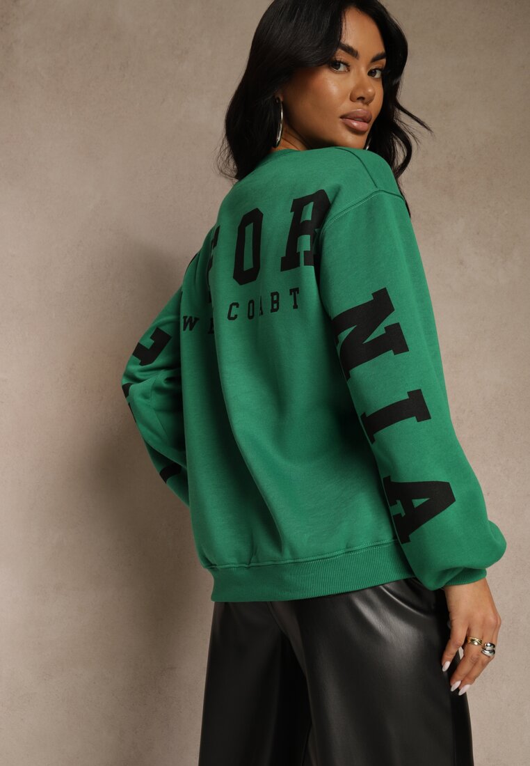 Zielona Bluza Ocieplana z Bawełną Ozdobiona Napisem Fezurra