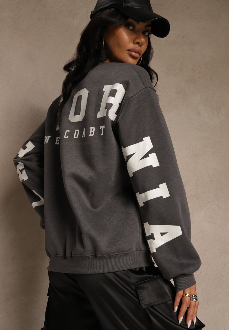 Szara Bluza Ocieplana z Bawełną Ozdobiona Napisem Fezurra