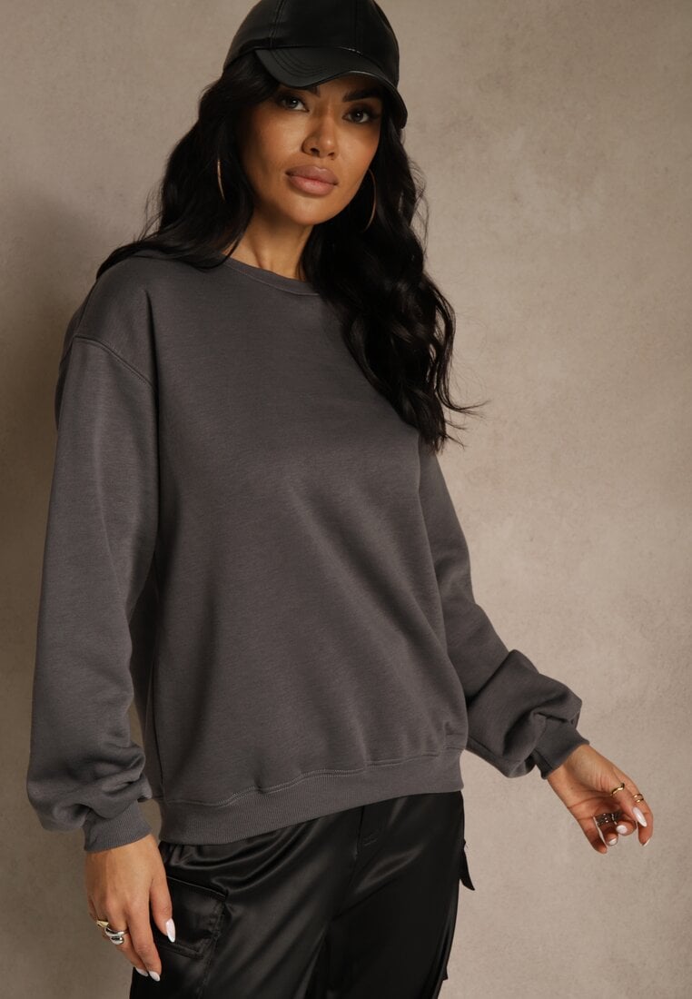 Szara Bluza Ocieplana z Bawełną Ozdobiona Napisem Fezurra