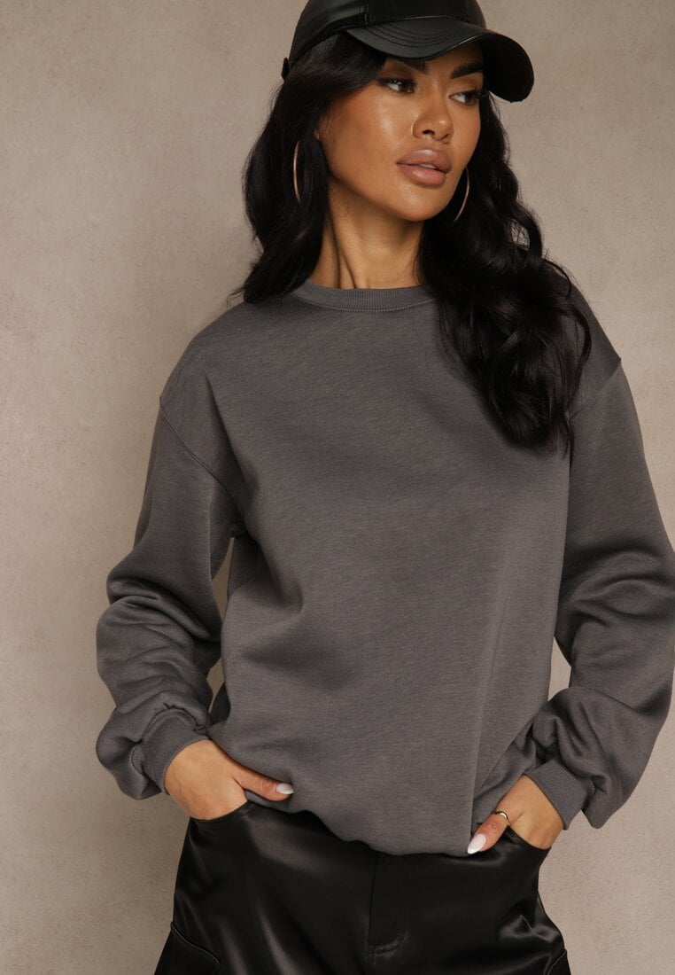 Szara Bluza Ocieplana z Bawełną Ozdobiona Napisem Fezurra