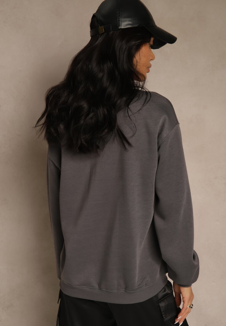 Szara Bluza z Bawełną Ozdobiona  Napisem Fezolda