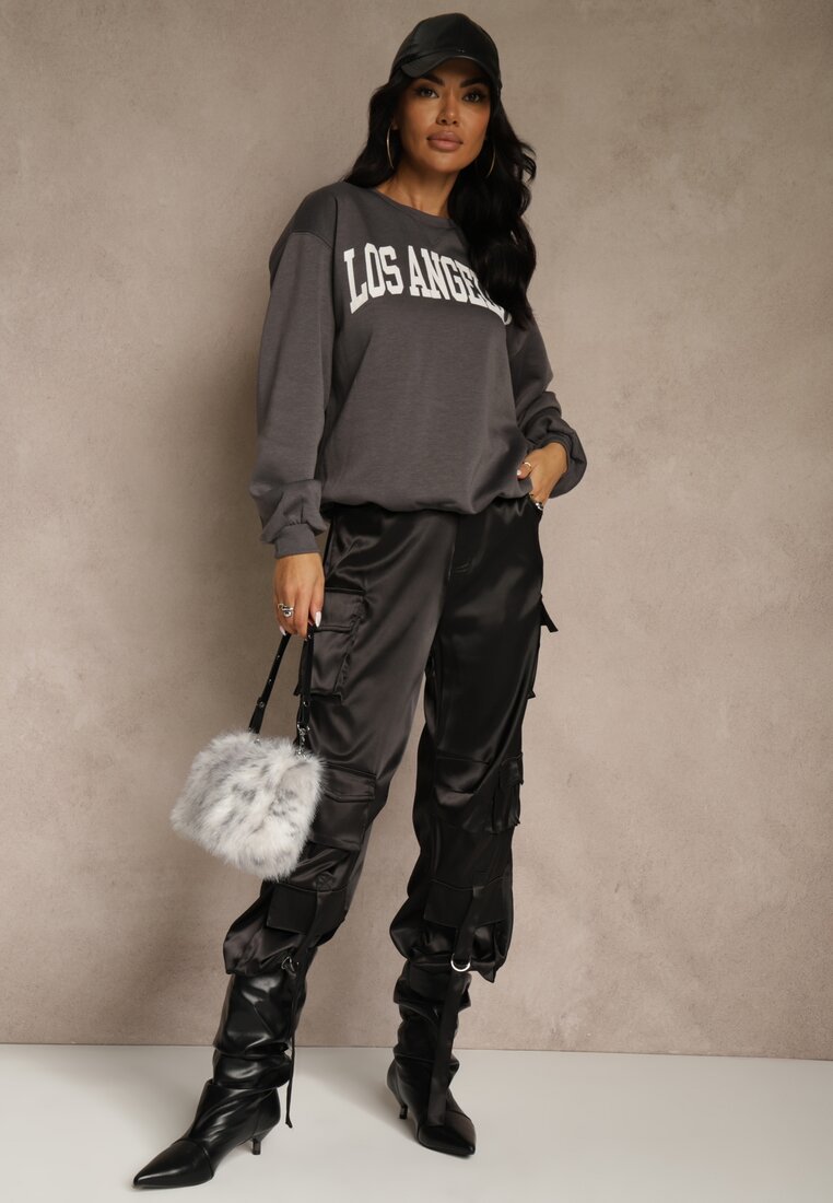 Szara Bluza z Bawełną Ozdobiona  Napisem Fezolda