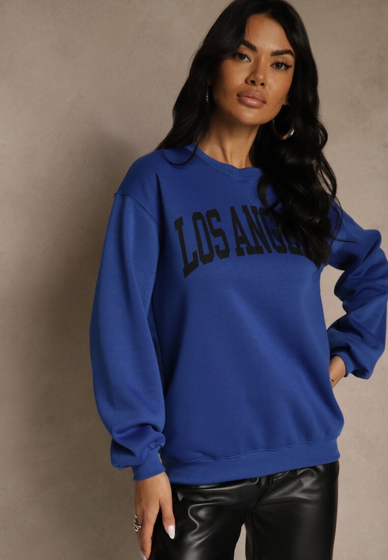 Niebieska Bluza z Bawełną Ozdobiona  Napisem Fezolda