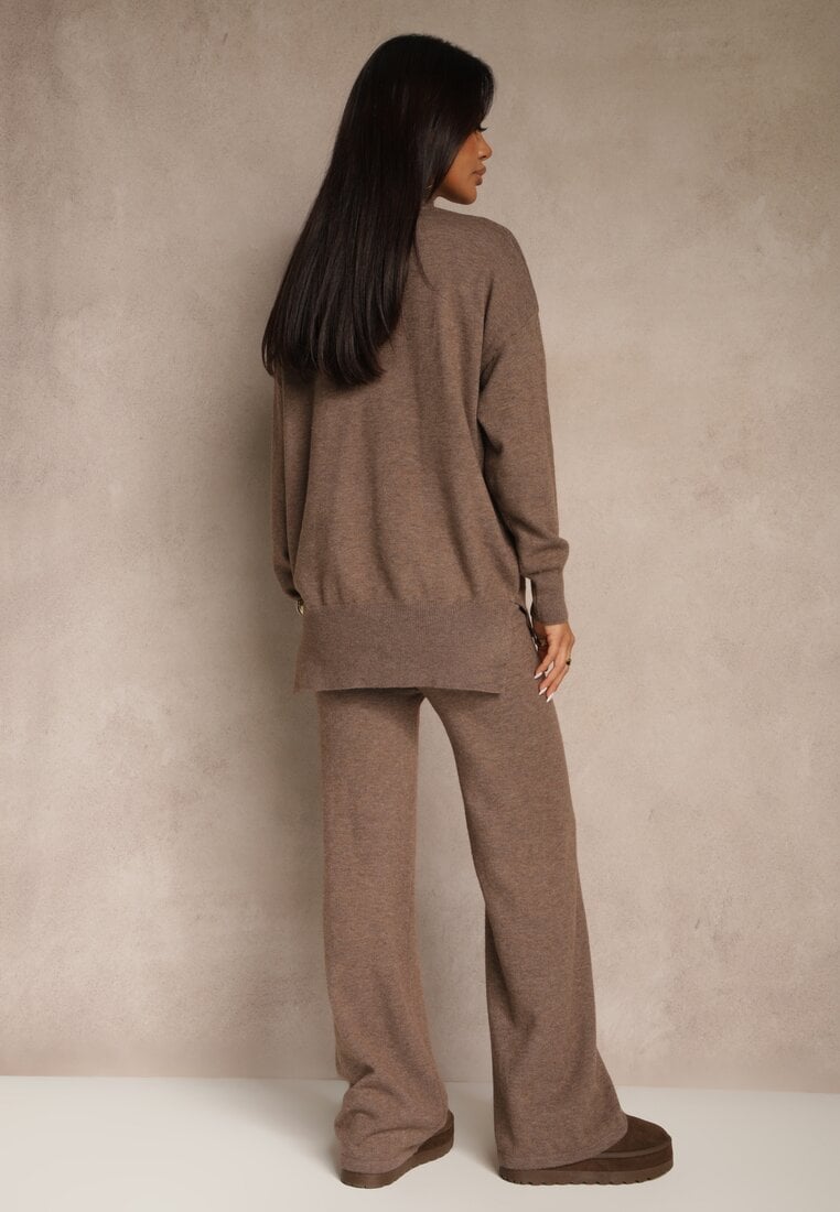 Brązowy Komplet Dzianinowy z Wełną i Bawełną Sweter Golf i Szerokie Spodnie  Reipella