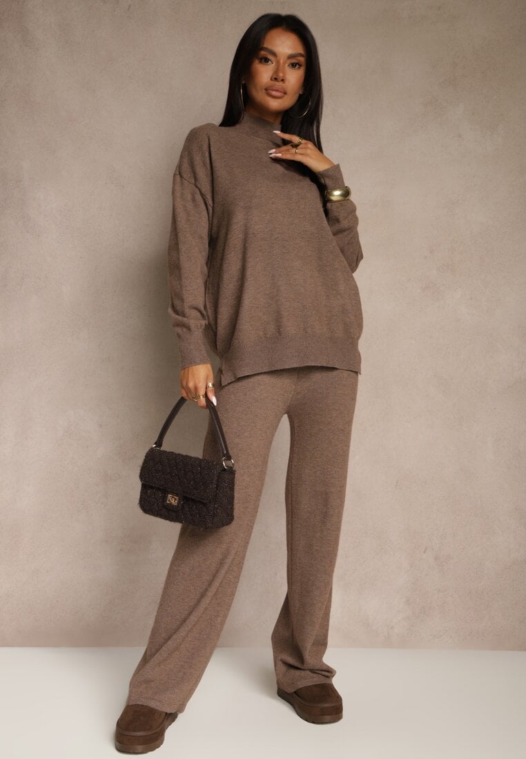 Brązowy Komplet Dzianinowy z Wełną i Bawełną Sweter Golf i Szerokie Spodnie  Reipella