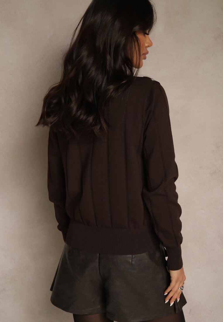 Brązowy Sweter z Wiskozą z Ozdobnymi Guzikami i Kokardą w Stylu Retro Miaraine