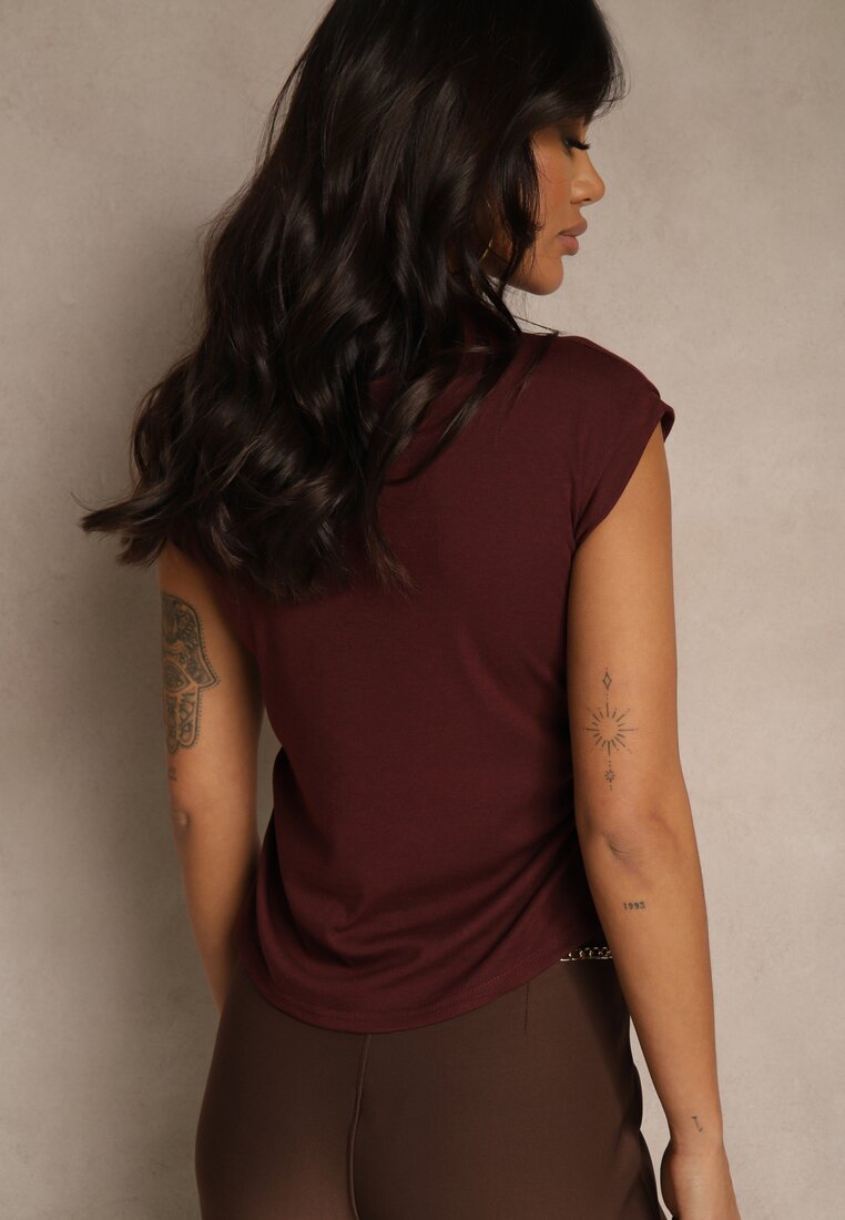 Bordowy Top z Bawełny i Wiskozy ze Stójką i Marszczeniem w Talii Zetelie