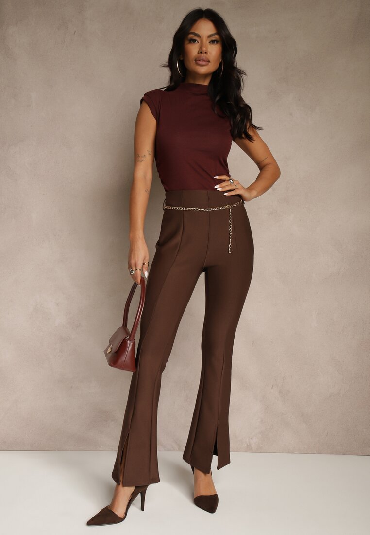 Bordowy Top z Bawełny i Wiskozy ze Stójką i Marszczeniem w Talii Zetelie