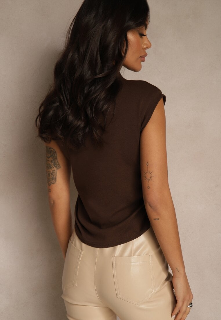 Brązowy Top z Bawełny i Wiskozy ze Stójką i Marszczeniem w Talii Zetelie