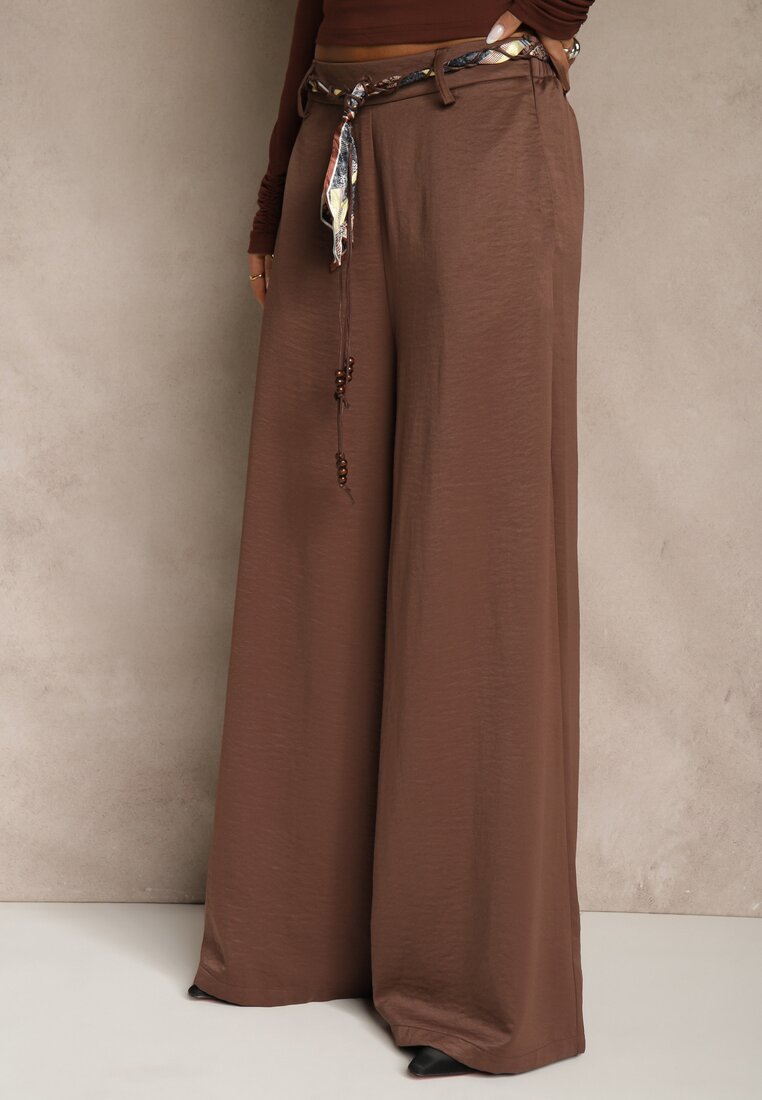 Brązowe Szerokie Spodnie z Paskiem w Stylu Wstążki Tussema